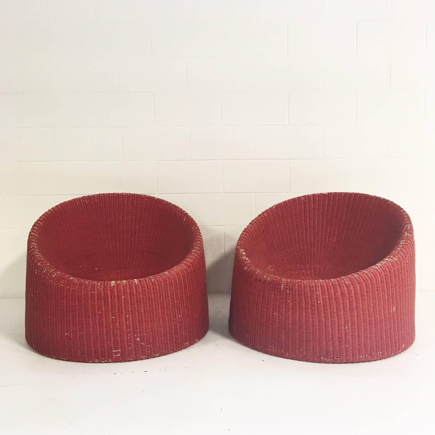 Pair of Eero Aarnio for Stendig Woven Rattan Lounge Chairs with Sheepskin Throws 1
