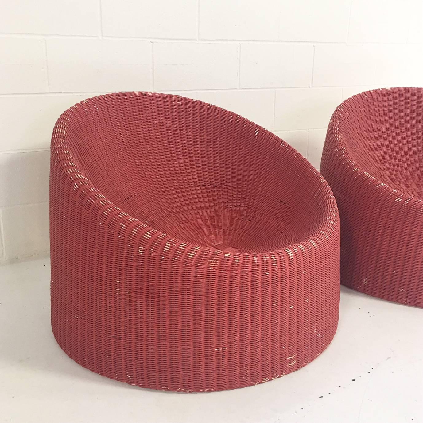 Pair of Eero Aarnio for Stendig Woven Rattan Lounge Chairs with Sheepskin Throws 2