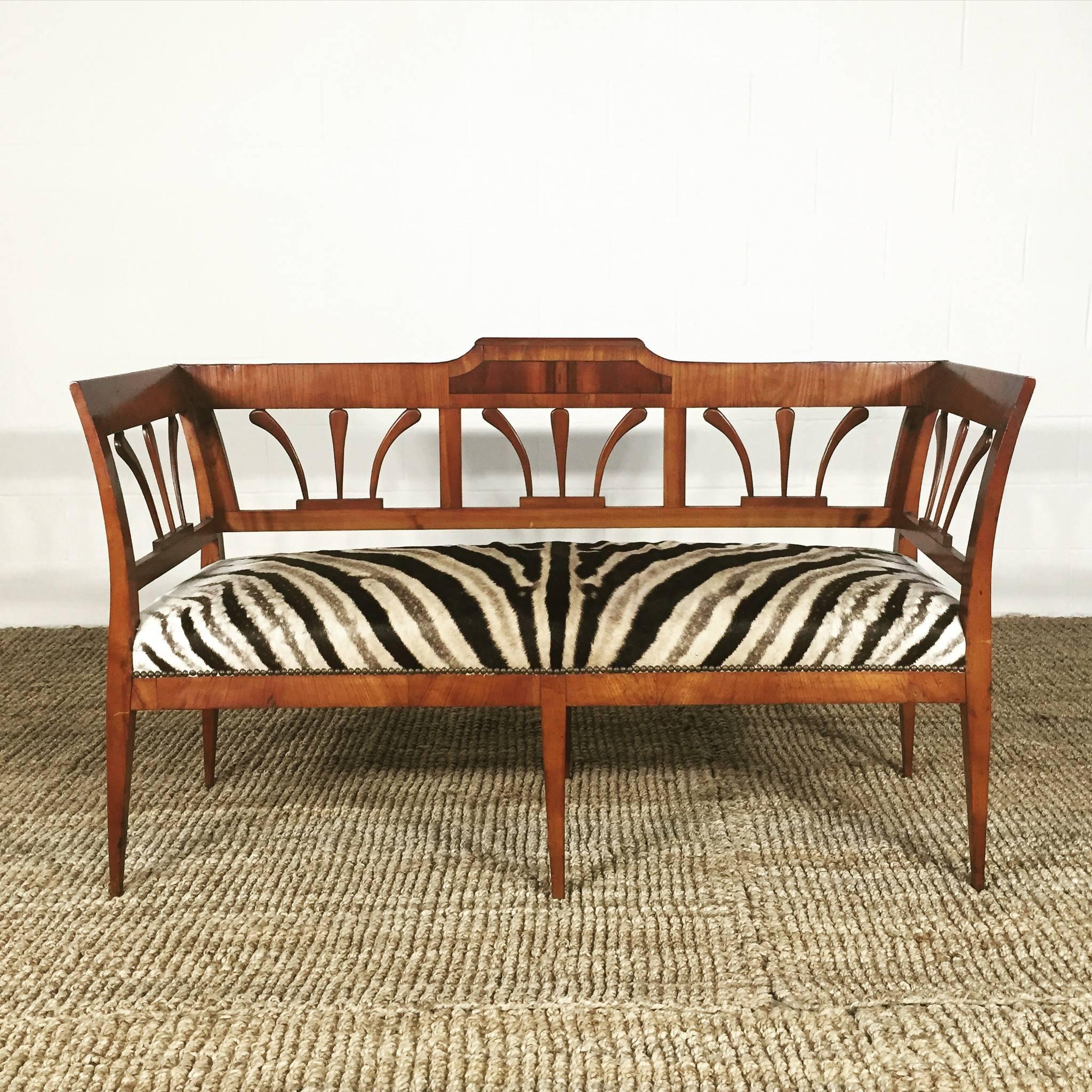 19th Century Fruitwood and Rosewood Settee in Zebra Hide with Zebra Pillows 1