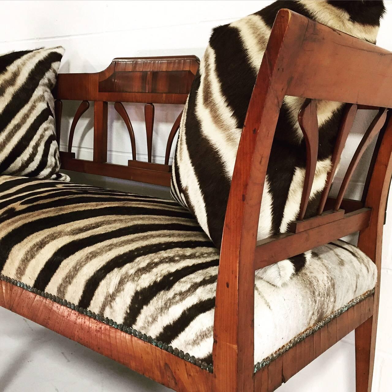 19th Century Fruitwood and Rosewood Settee in Zebra Hide with Zebra Pillows 2