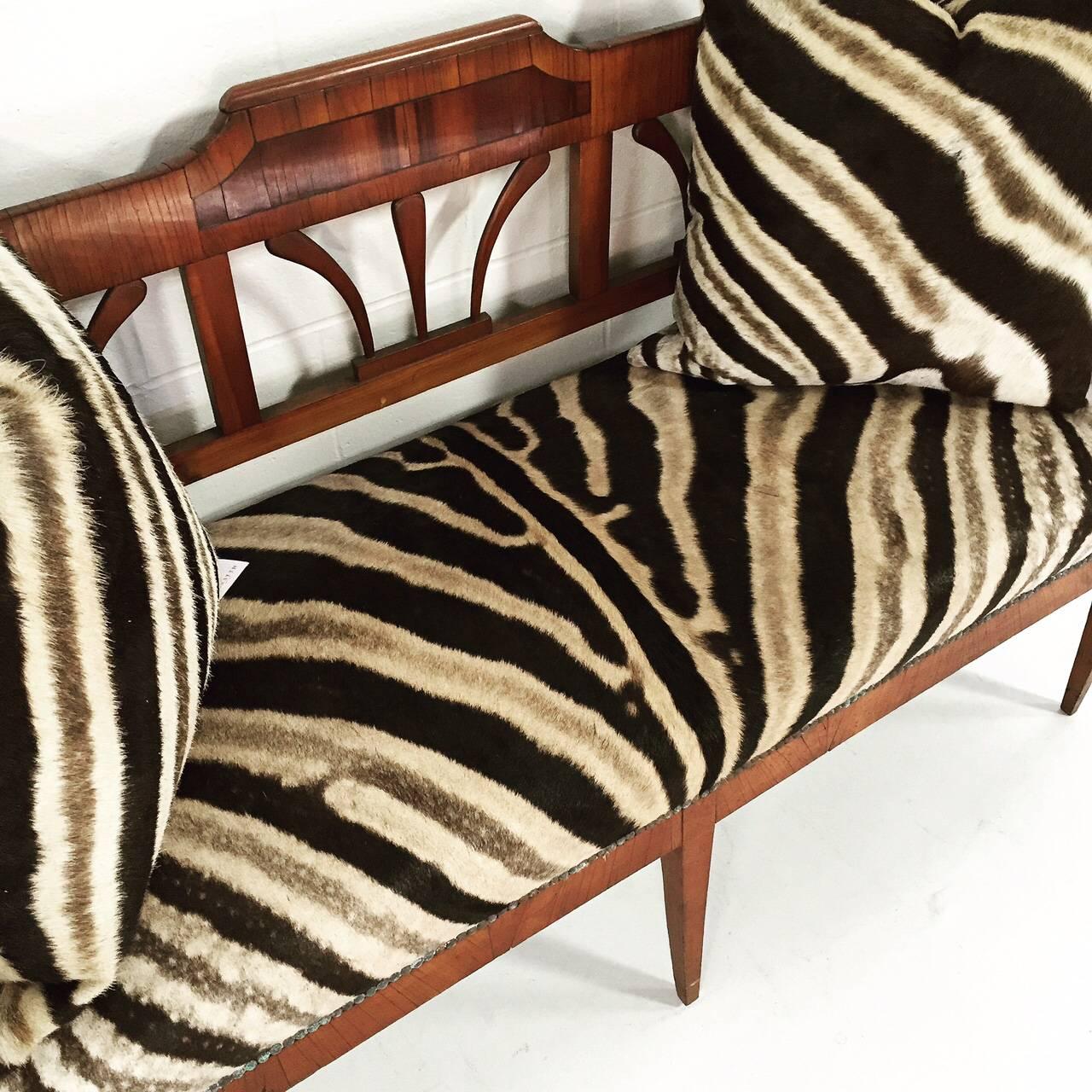 19th Century Fruitwood and Rosewood Settee in Zebra Hide with Zebra Pillows 3