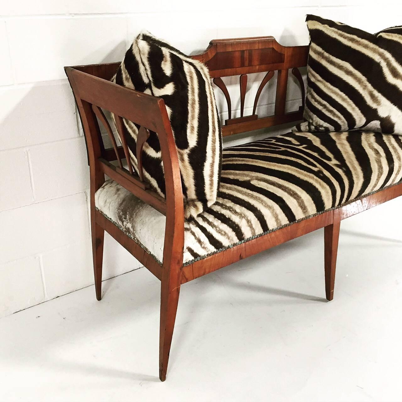 19th Century Fruitwood and Rosewood Settee in Zebra Hide with Zebra Pillows 4