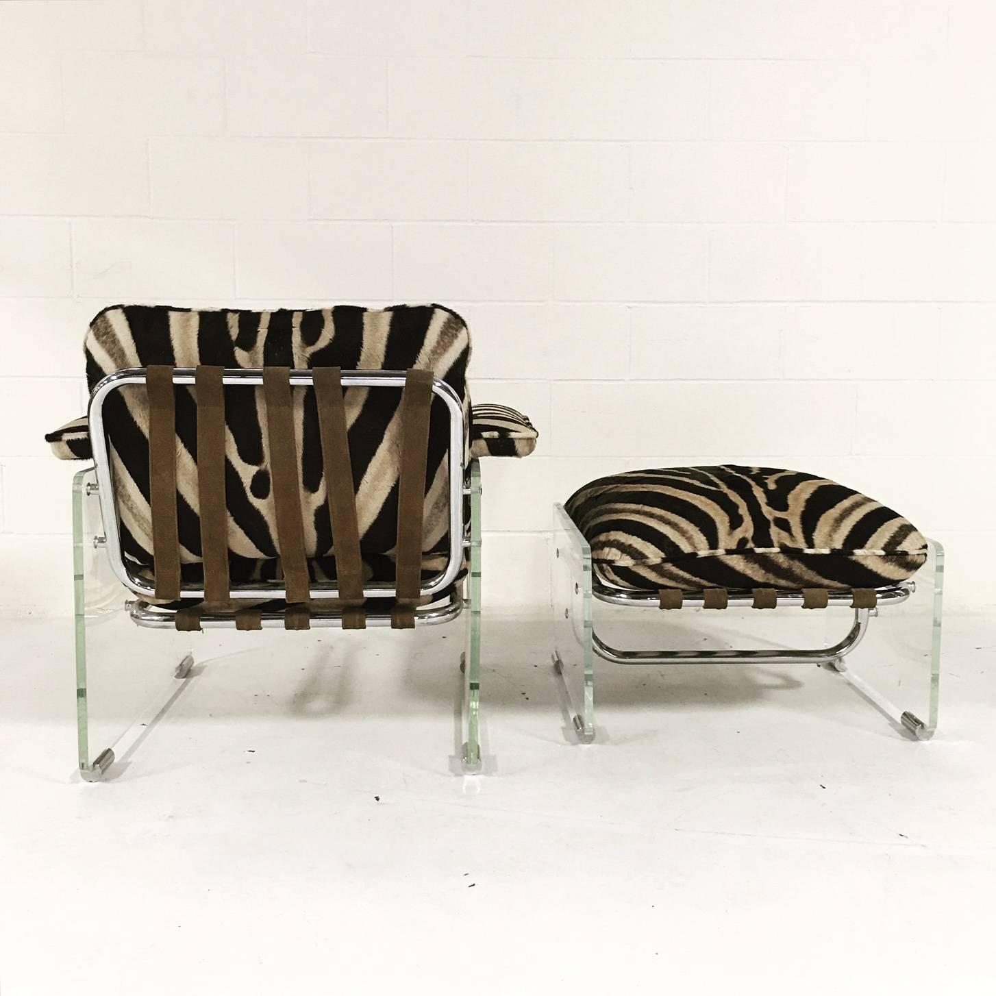 Italian Pace Collection Argenta Lucite and Chrome Lounge Chair and Ottoman in Zebra Hide