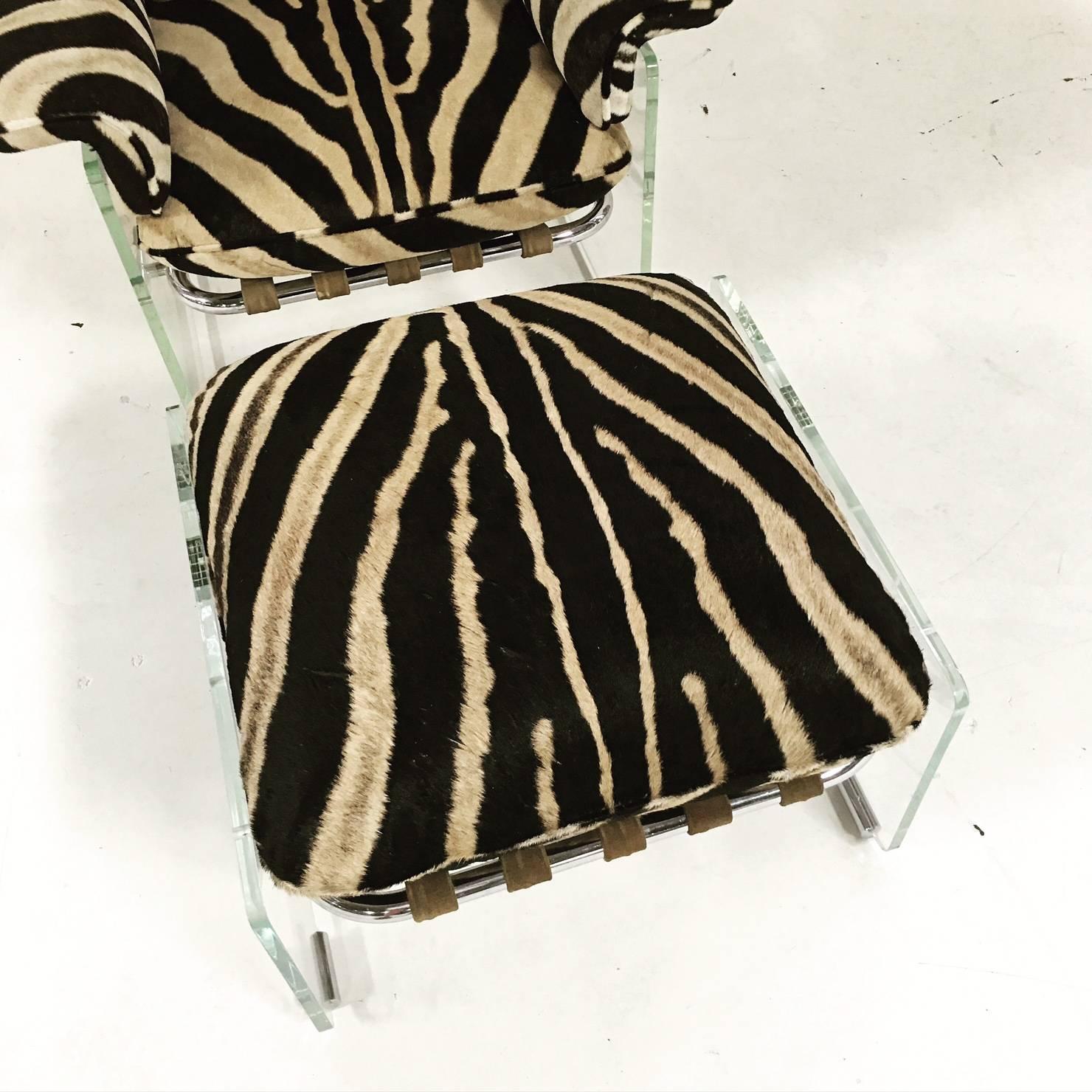 Late 20th Century Pace Collection Argenta Lucite and Chrome Lounge Chair and Ottoman in Zebra Hide