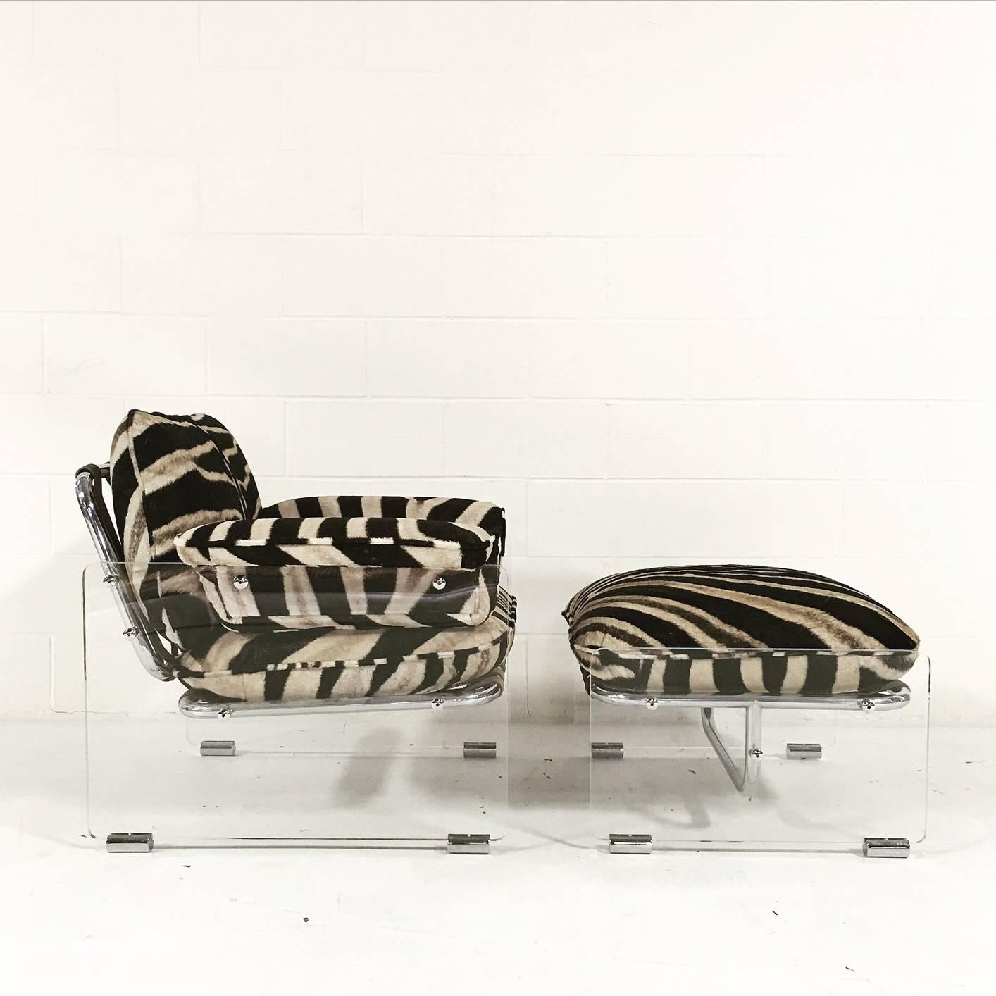 Pace Collection Argenta Lucite and Chrome Lounge Chair and Ottoman in Zebra Hide In Good Condition In SAINT LOUIS, MO