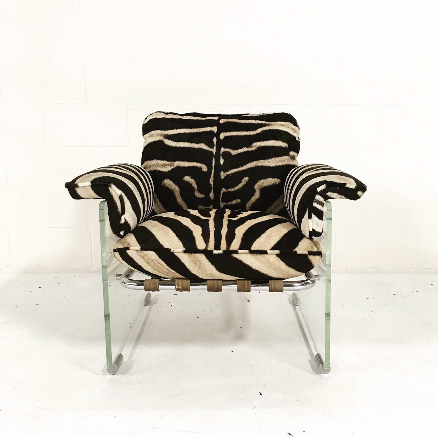 Pace Collection Argenta Lucite and Chrome Lounge Chair and Ottoman in Zebra Hide 3