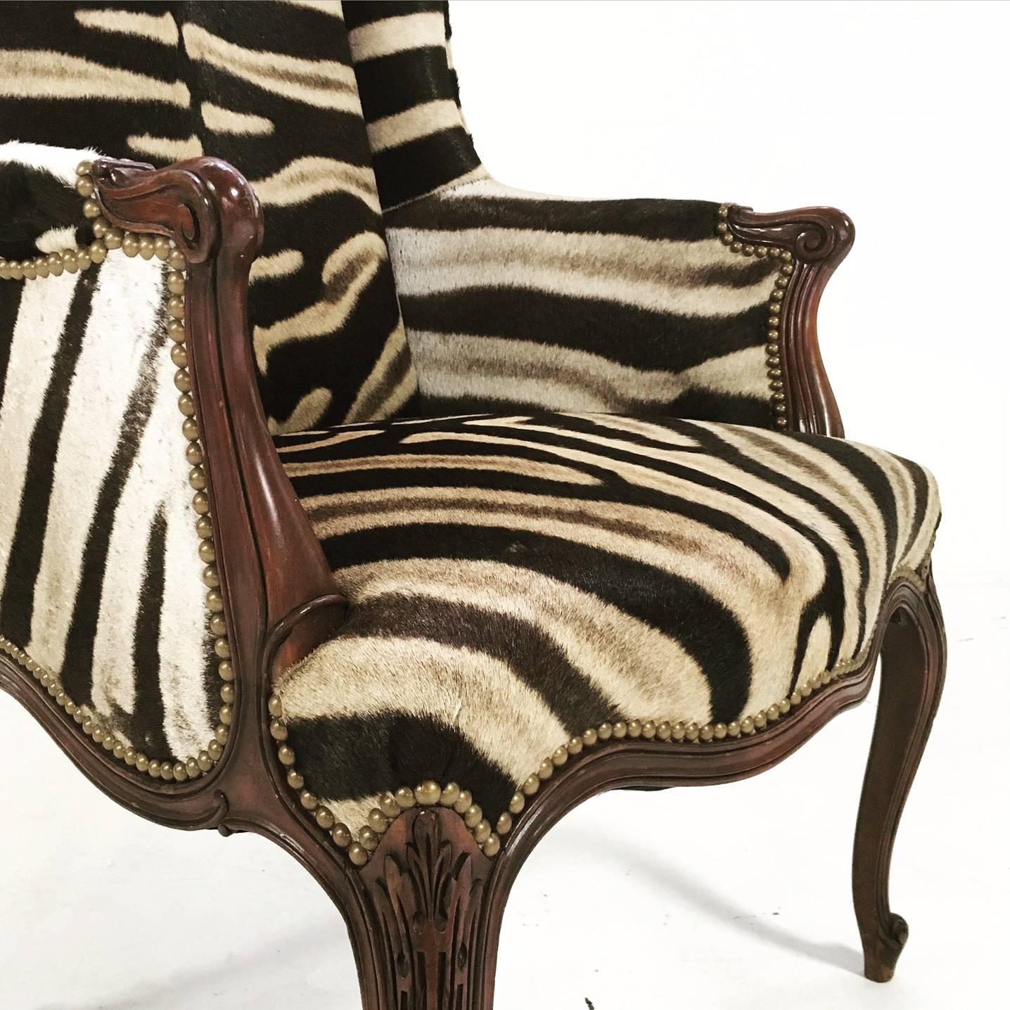 20th Century Vintage English Neoclassical Style Mahogany Wingback in Zebra