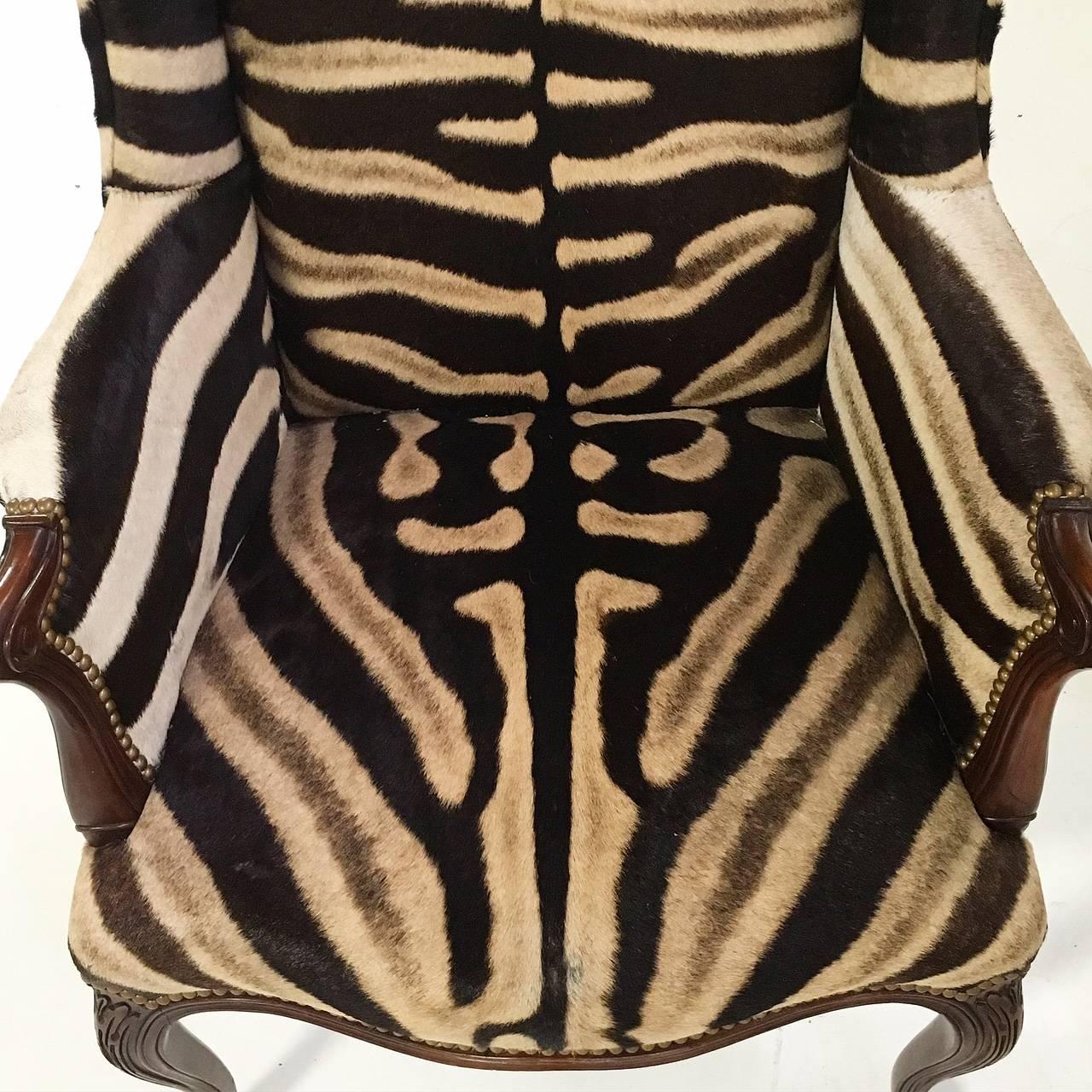 Zebra Hide Vintage English Neoclassical Style Mahogany Wingback in Zebra