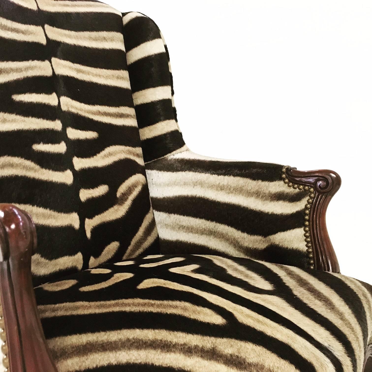 Vintage English Neoclassical Style Mahogany Wingback in Zebra 1