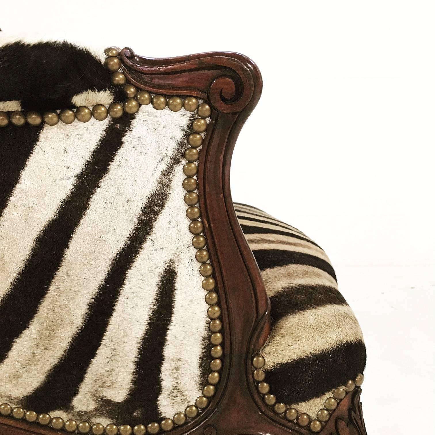 Vintage English Neoclassical Style Mahogany Wingback in Zebra 2