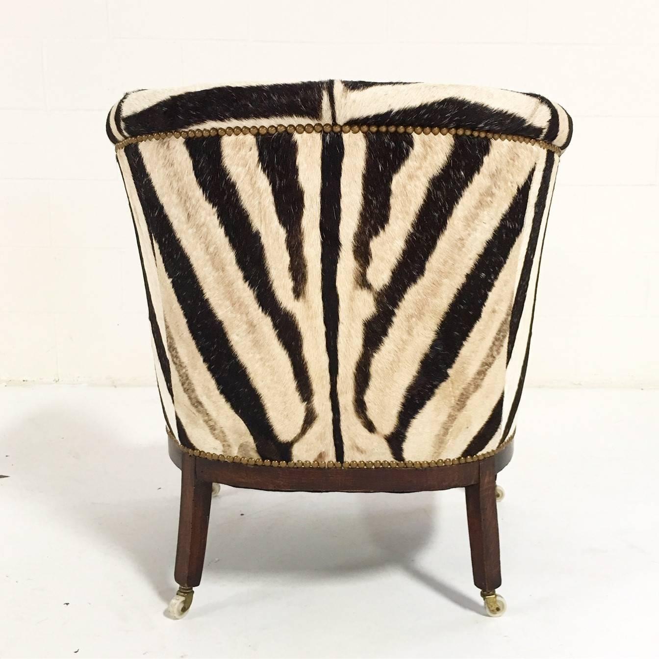Vintage 1930s Barrel Chair in Zebra Hide In Excellent Condition In SAINT LOUIS, MO