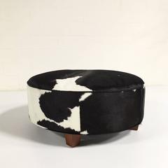 Round Ottoman in Black and White Brazilian Cowhide