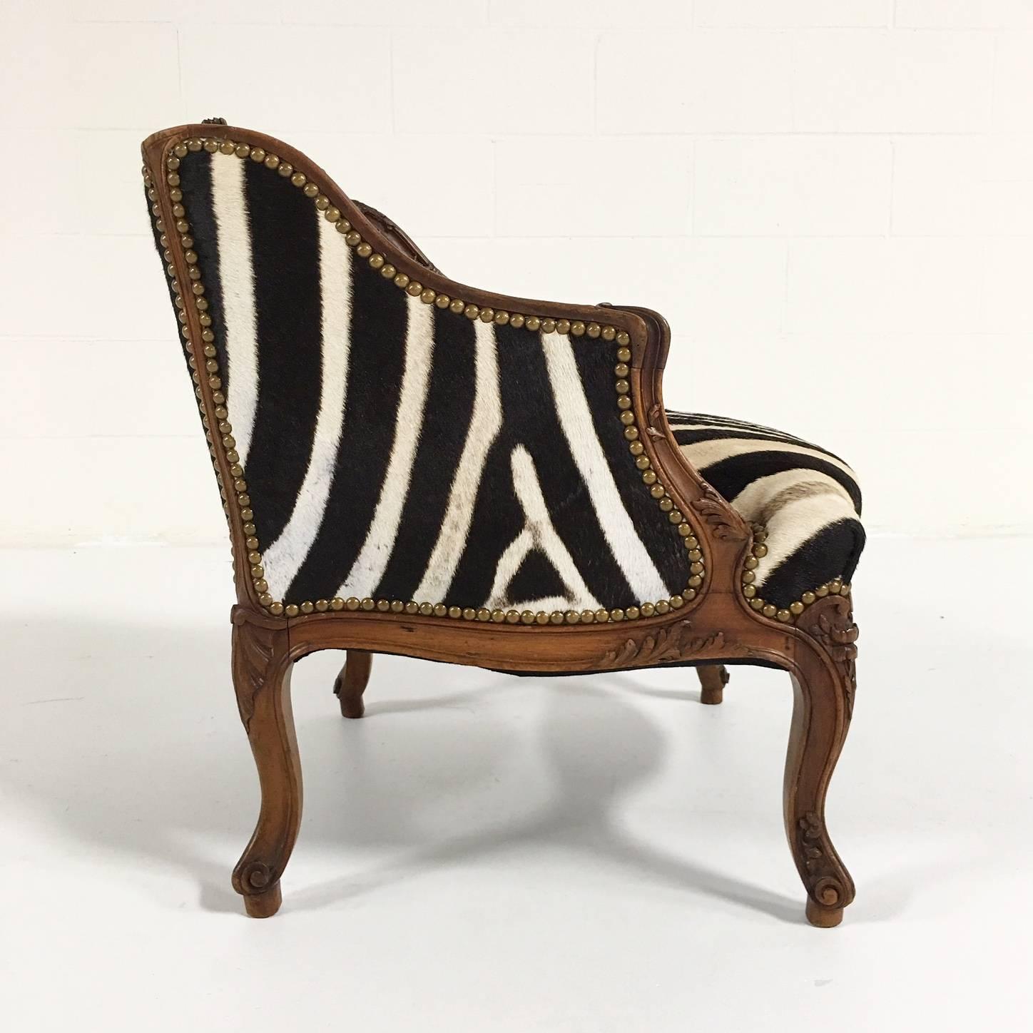Small Vintage Carved Chair in Zebra Hide In Excellent Condition In SAINT LOUIS, MO