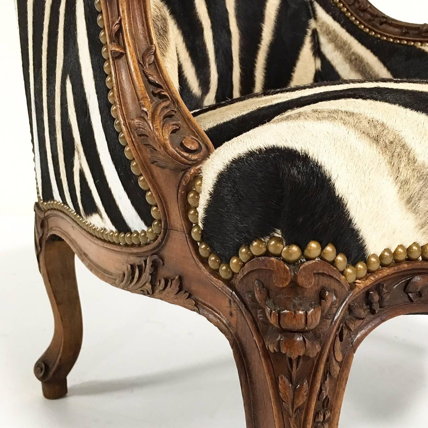 Small Vintage Carved Chair in Zebra Hide 1