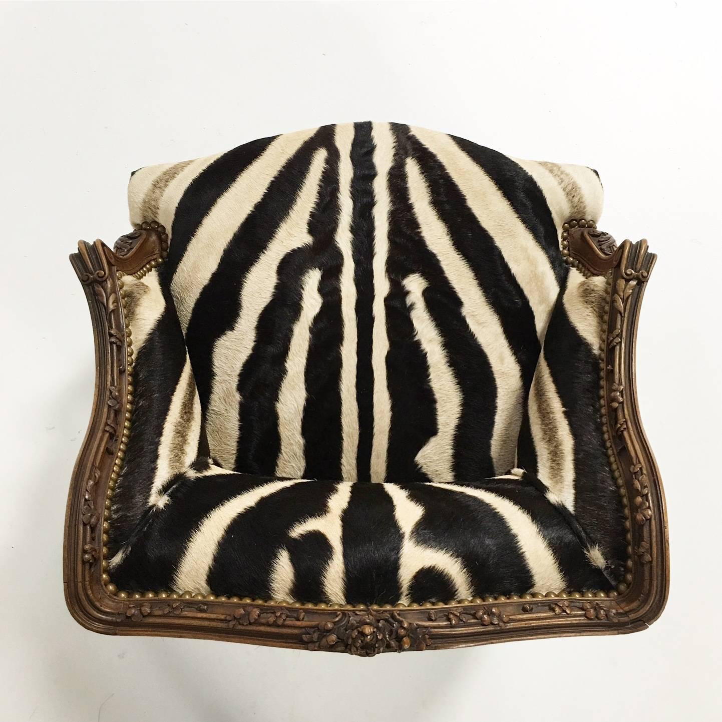 Small Vintage Carved Chair in Zebra Hide 3