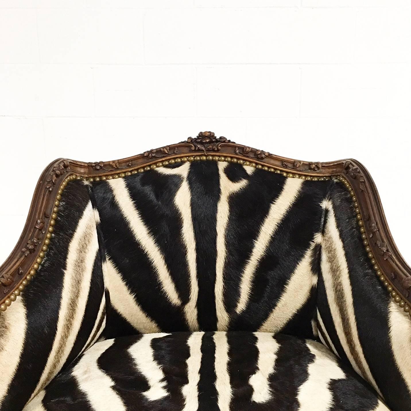 Small Vintage Carved Chair in Zebra Hide 5