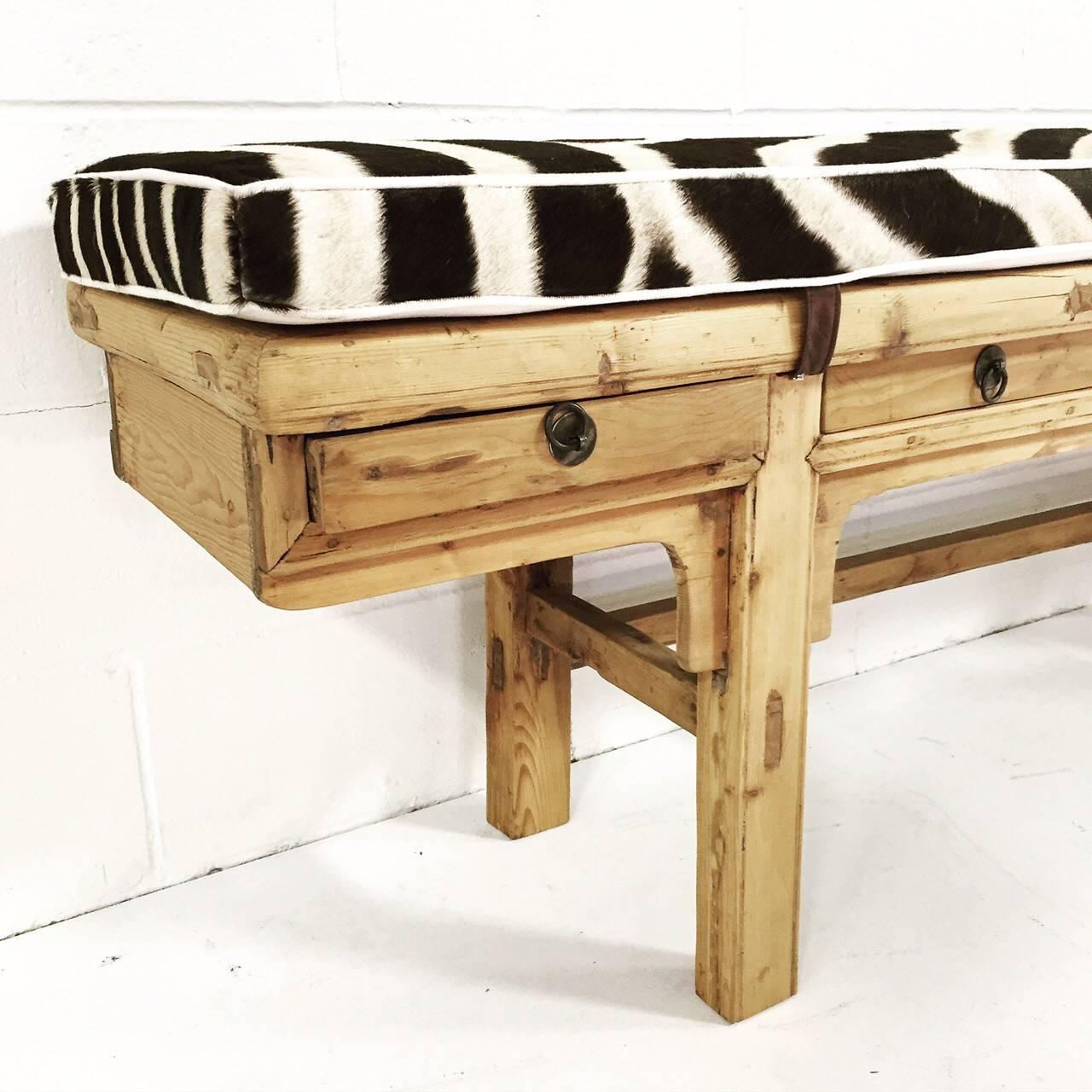 Mid-20th Century Calligrapher Five-Drawer Bench with Zebra Hide Cushion