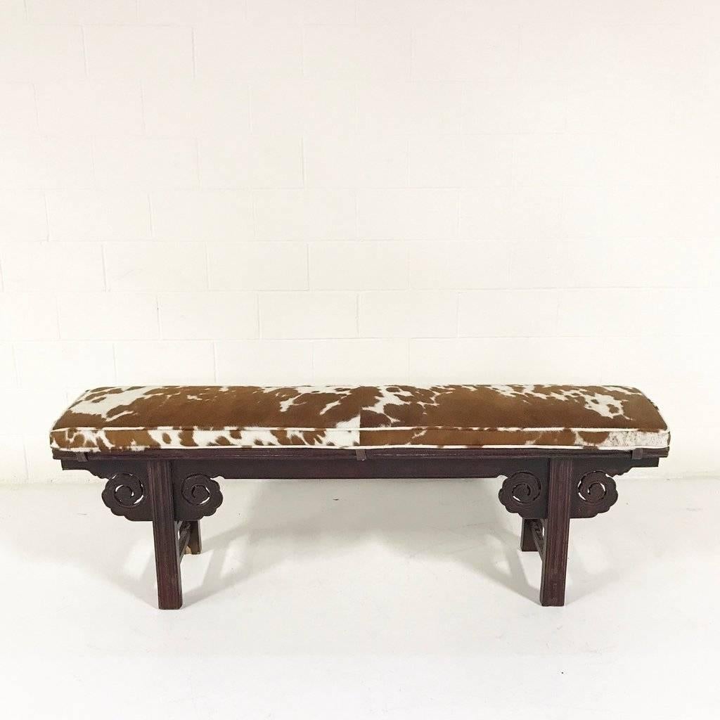 Vintage Chinese Bench with Double-Sided Carving & Custom Cowhide Cushion, No.19 In Excellent Condition In SAINT LOUIS, MO