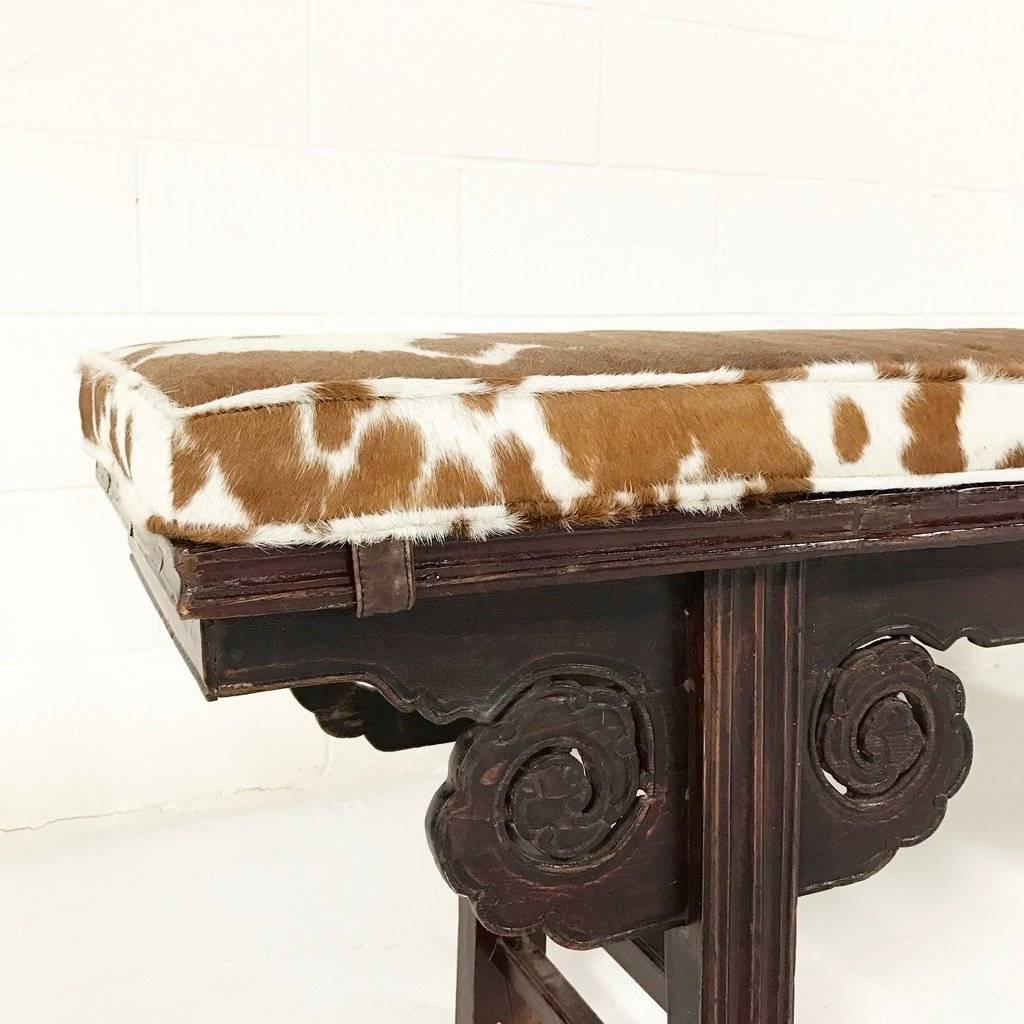 Early 20th Century Vintage Chinese Bench with Double-Sided Carving & Custom Cowhide Cushion, No.19