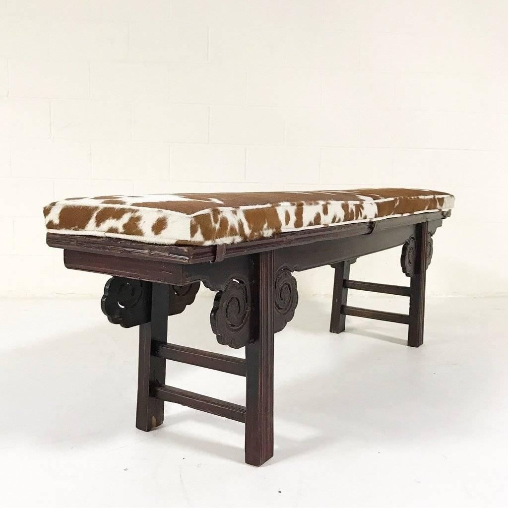 Vintage Chinese Bench with Double-Sided Carving & Custom Cowhide Cushion, No.19 1