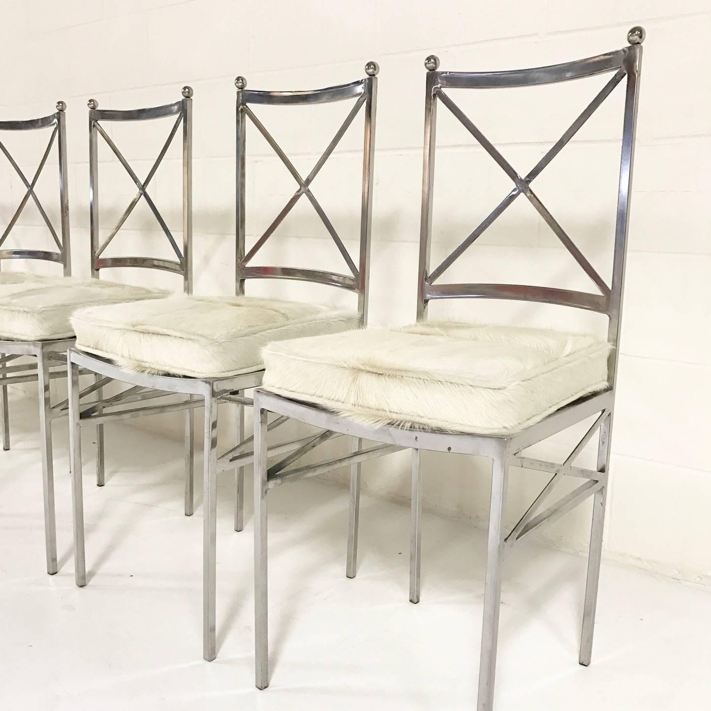 20th Century Set of 10 Mid-Century Swedish Polished Steel Dining Chairs with Cowhide Cushions