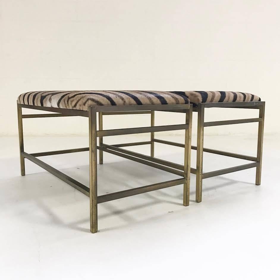 Mid-Century Modern McCobb Style Brass and Zebra Hide Benches or Ottomans