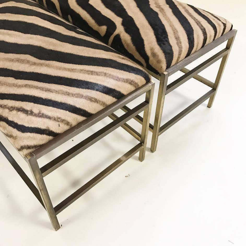 McCobb Style Brass and Zebra Hide Benches or Ottomans In Excellent Condition In SAINT LOUIS, MO