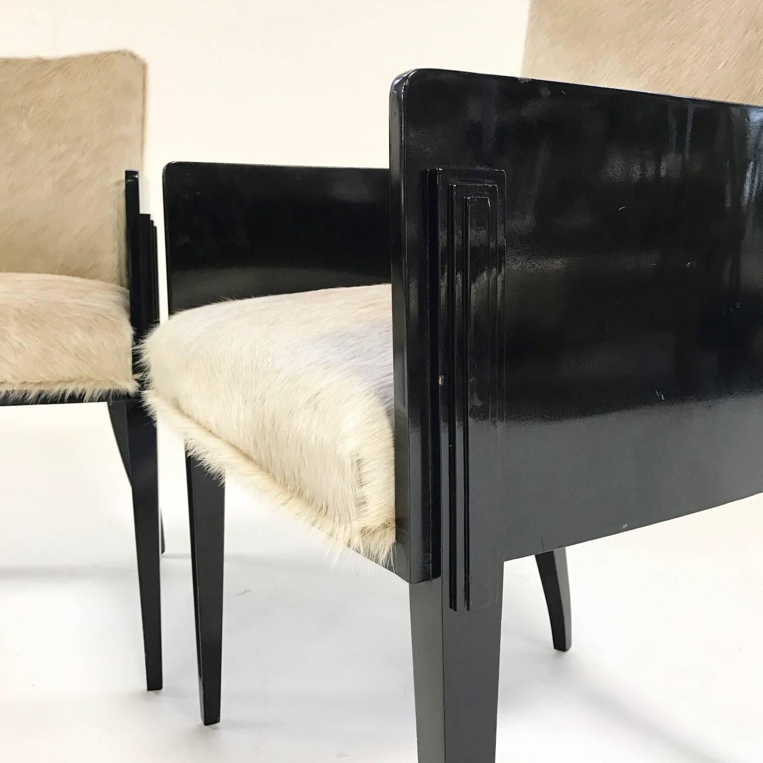 Pair of Art Deco Black Lacquered Armchairs in Brazilian Cowhide 2