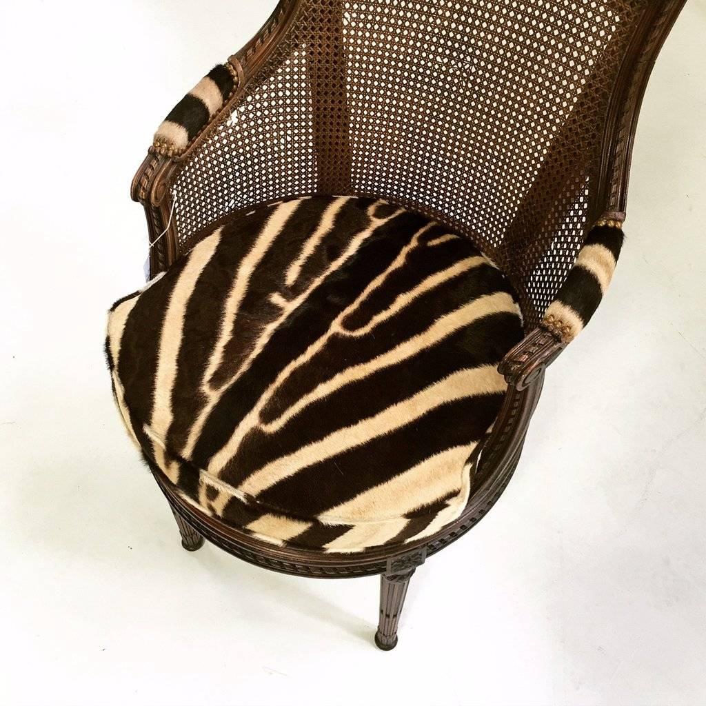 18th Century G. Jacob Mahogany and Cane Bergere Swivel Chair in Zebra Hide 1