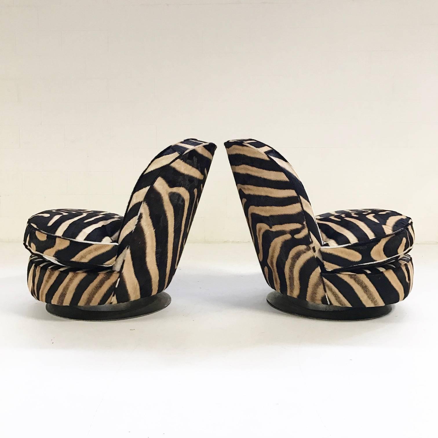 Mid-Century Modern Milo Baughman Swivel Tilt Slipper Chairs Restored in Zebra - Pair