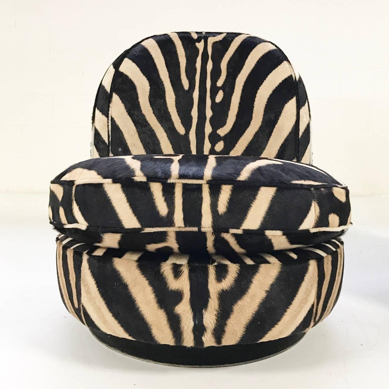 Milo Baughman Swivel Tilt Slipper Chairs Restored in Zebra - Pair In Excellent Condition In SAINT LOUIS, MO