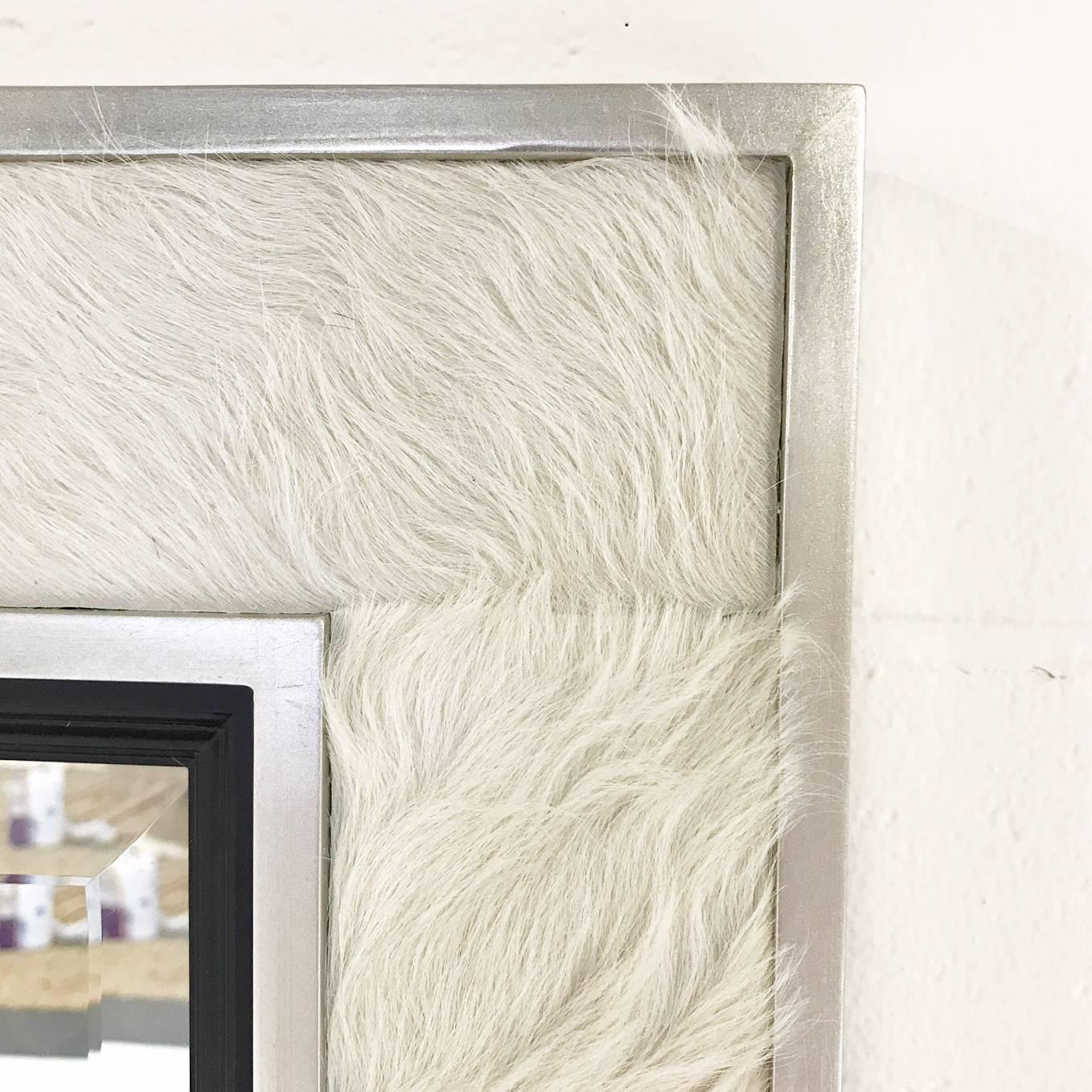 Bevelled Mirror in Ivory Cowhide Patchwork and Silver Finish Frame In Excellent Condition In SAINT LOUIS, MO