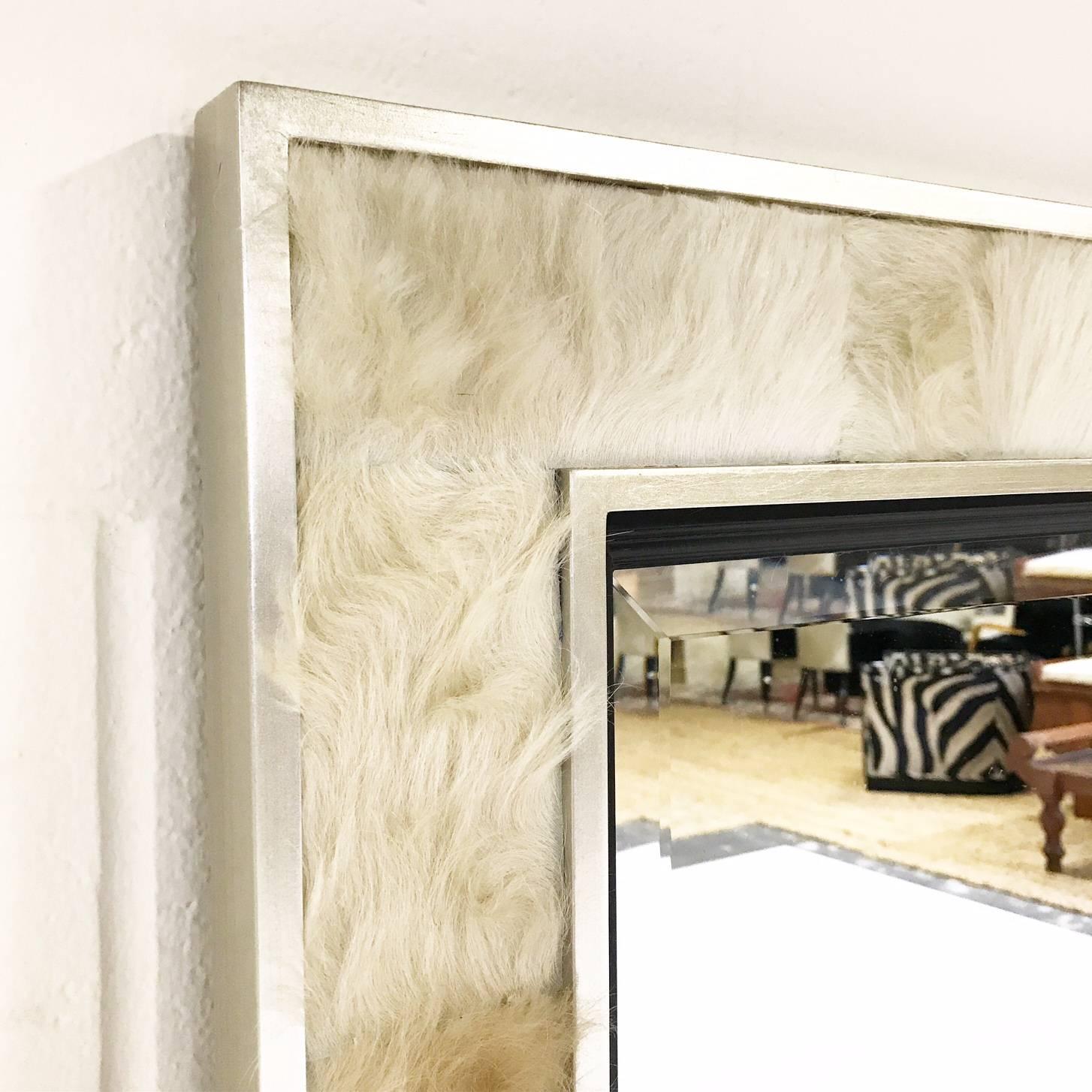 Bevelled Mirror in Ivory Cowhide Patchwork and Silver Finish Frame 1