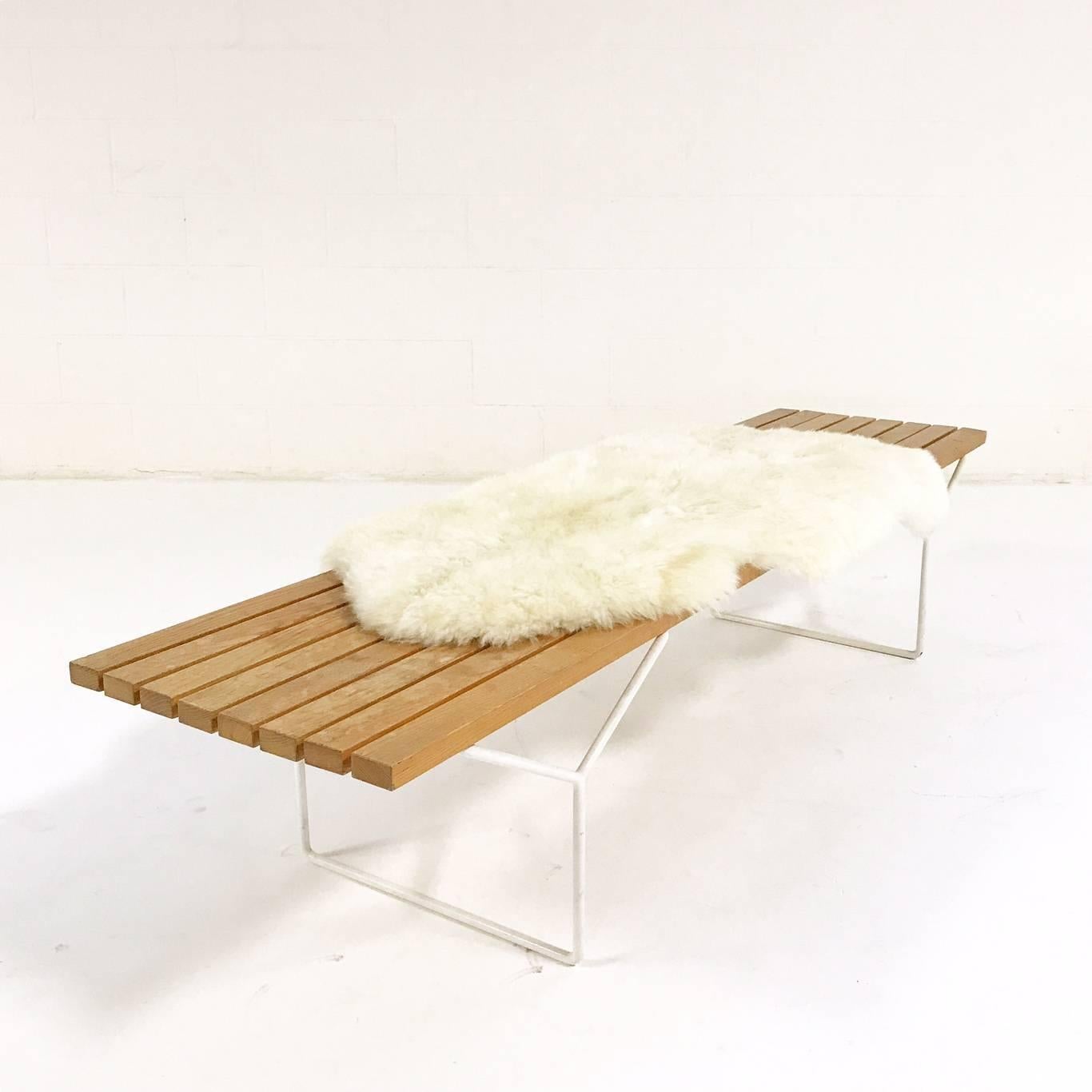 Vintage Harry Bertoia for Knoll Slat Bench, Model 400 with Brazilian Sheepkin In Good Condition In SAINT LOUIS, MO