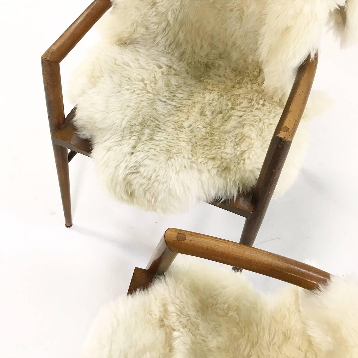 American Vintage Paul McCobb Captain Chairs with Brazilian Sheepskins, Pair