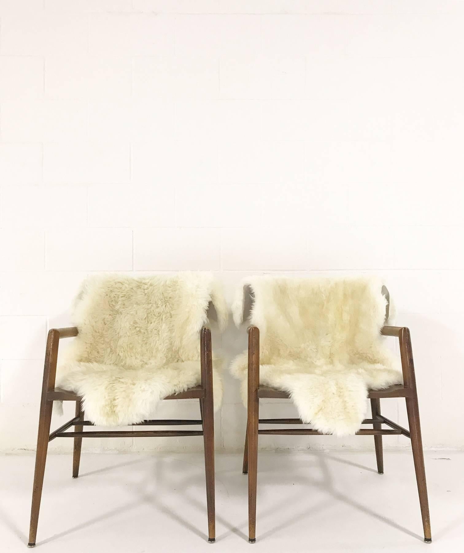 20th Century Vintage Paul McCobb Captain Chairs with Brazilian Sheepskins, Pair