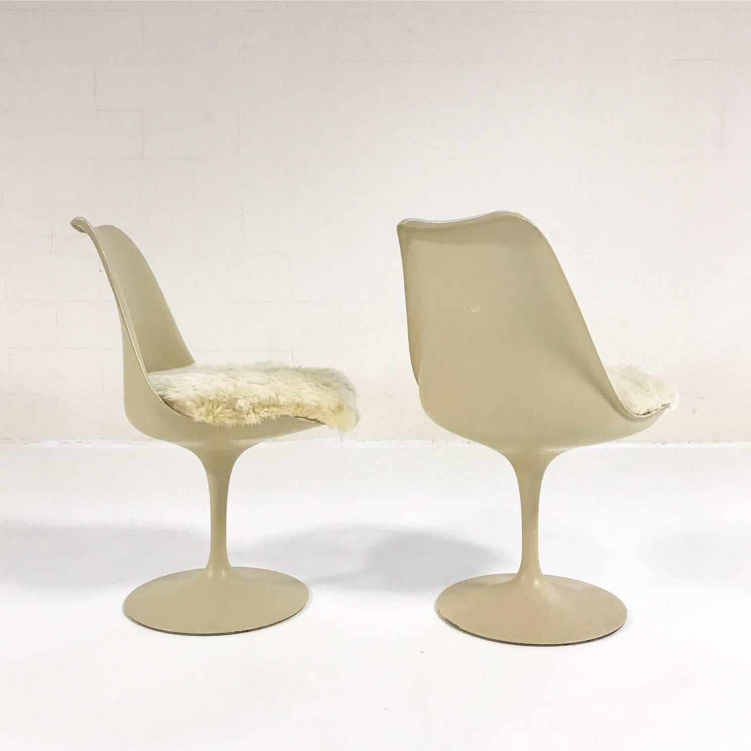 Metal Eero Saarinen Tulip Chairs with Custom Brazilian Sheepskin Cushions, Set of Six