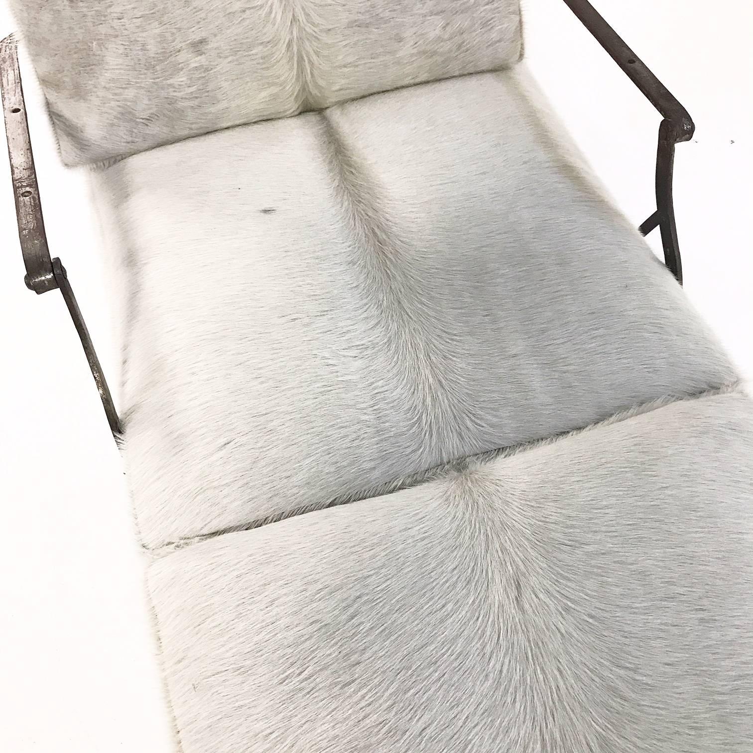 Antique French Metal Campaign Chaise Chair with Custom Brazilian Cowhide Cushion For Sale 1