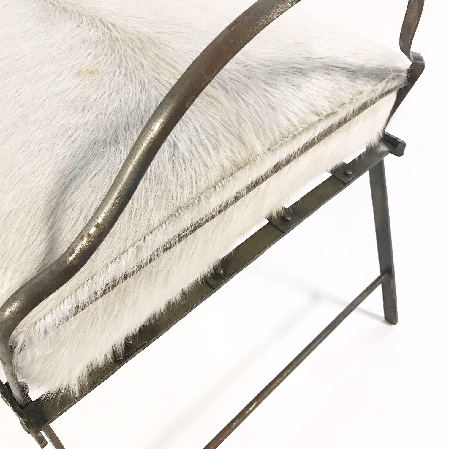 Antique French Metal Campaign Chaise Chair with Custom Brazilian Cowhide Cushion For Sale 2
