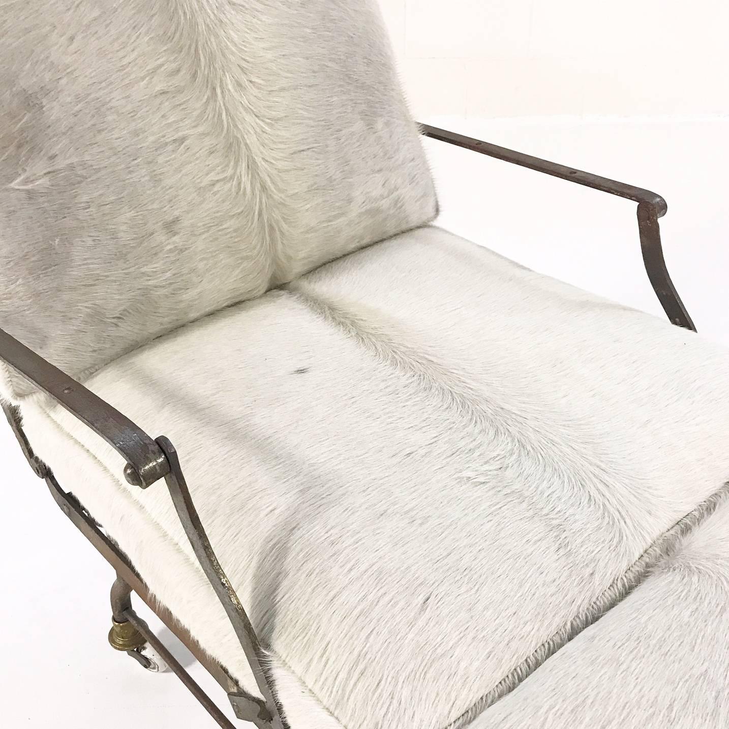 Antique French Metal Campaign Chaise Chair with Custom Brazilian Cowhide Cushion For Sale 3