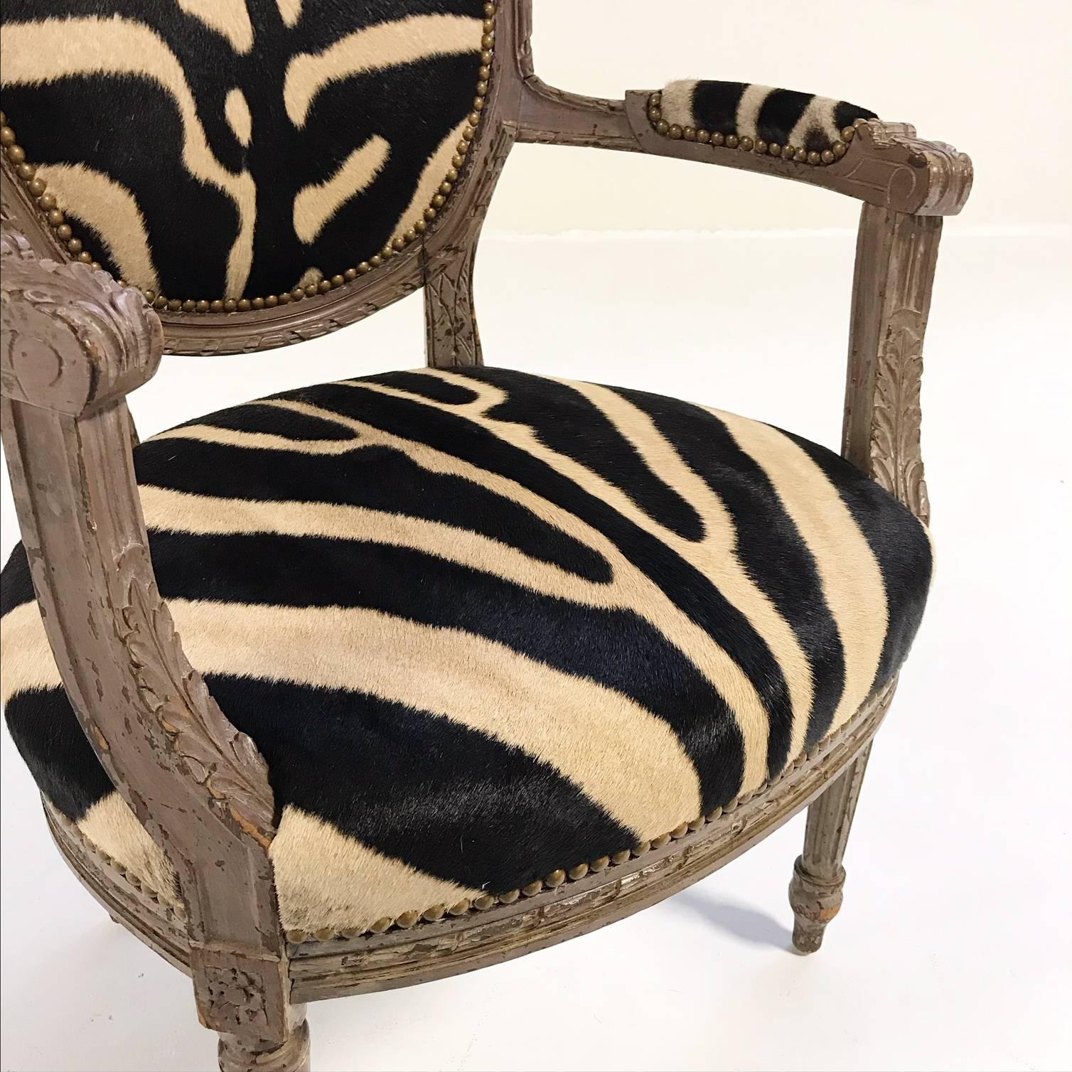 Vintage Louis XVI Armchair Reupholstered in Zebra Hide 5
