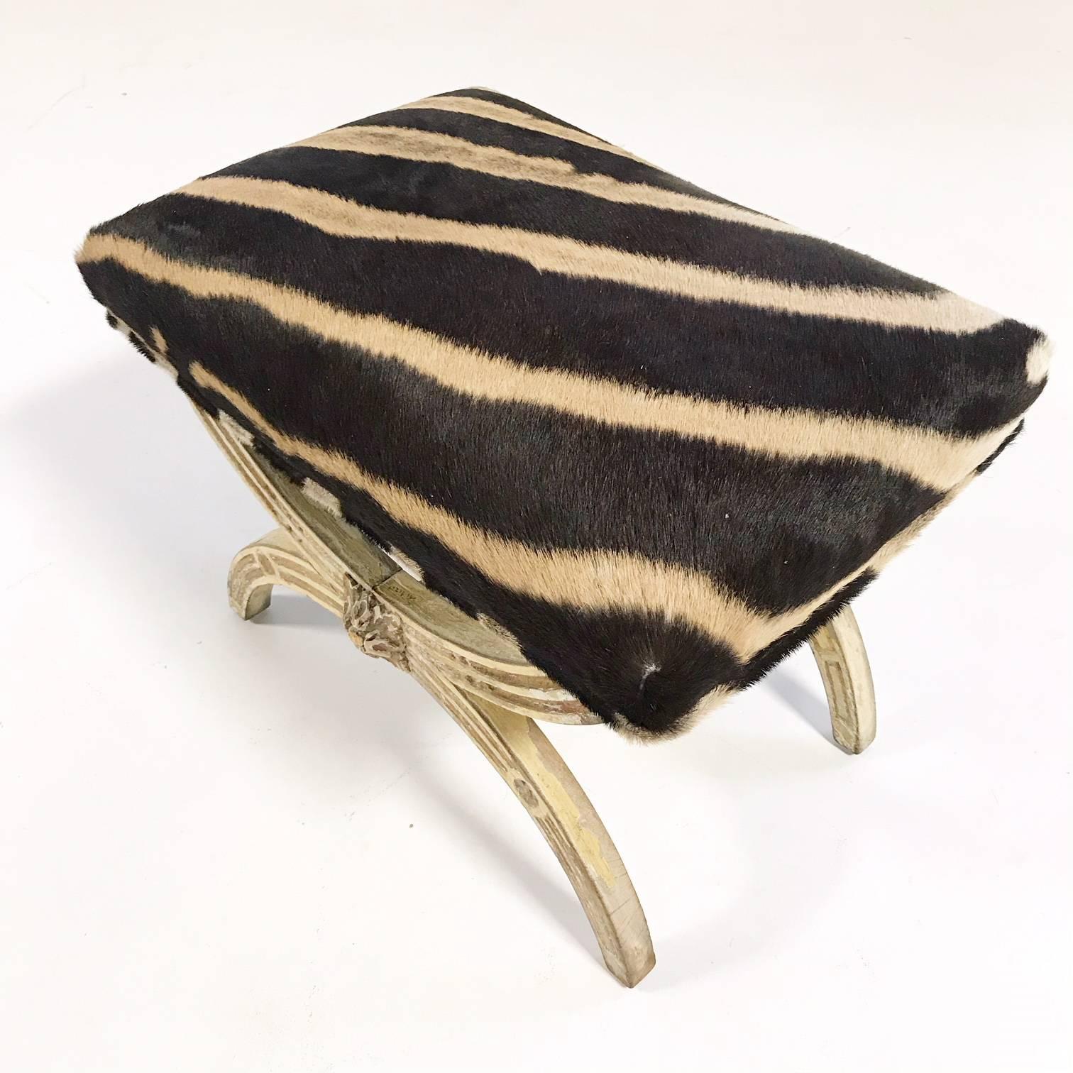 19th Century Italian Regency Stool Ottoman Bench Reupholstered in Zebra Hide In Excellent Condition In SAINT LOUIS, MO