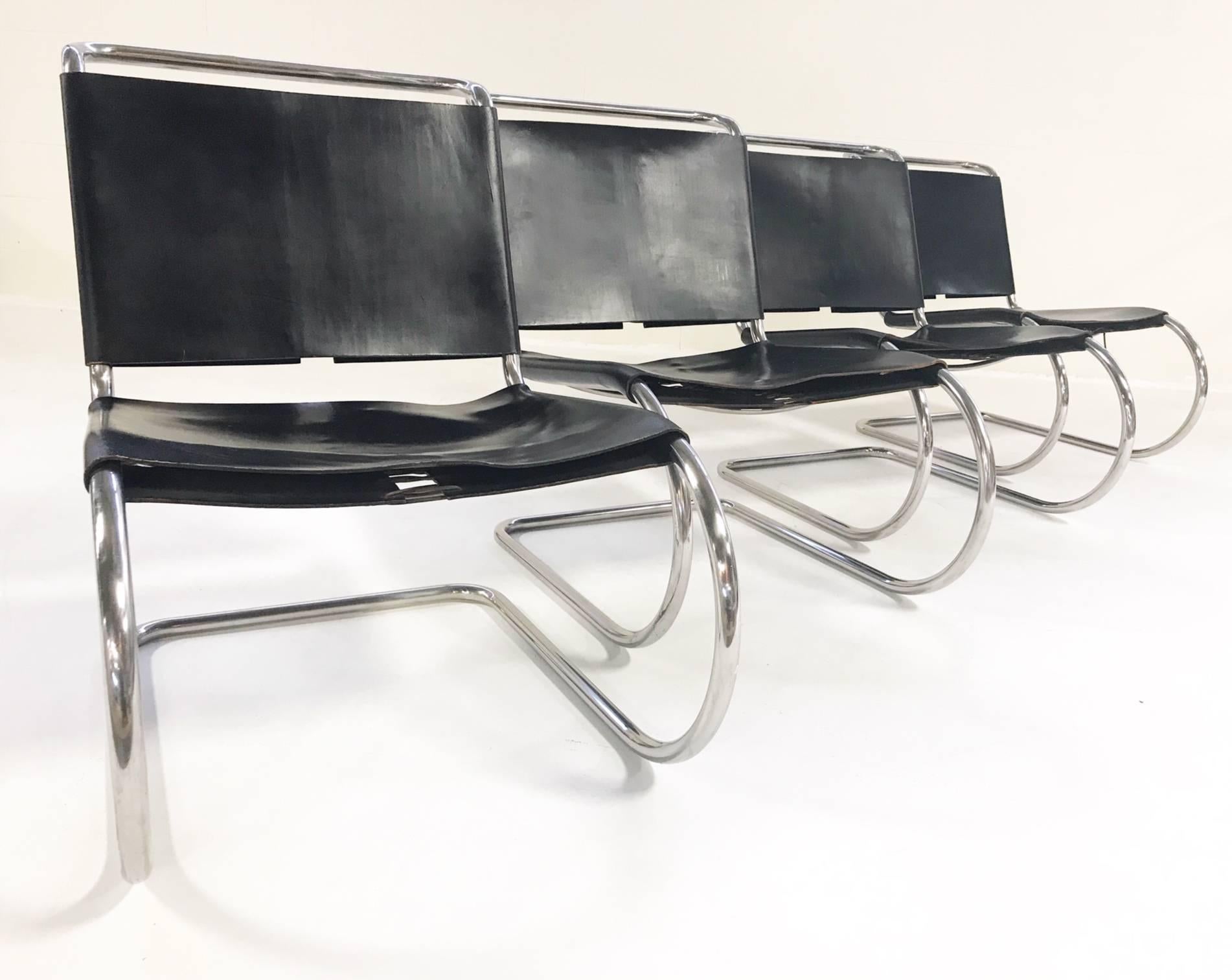 Mid-Century Modern Mies Van Der Rohe for Knoll MR Chairs with Brazilian Sheepskins, Set of Four