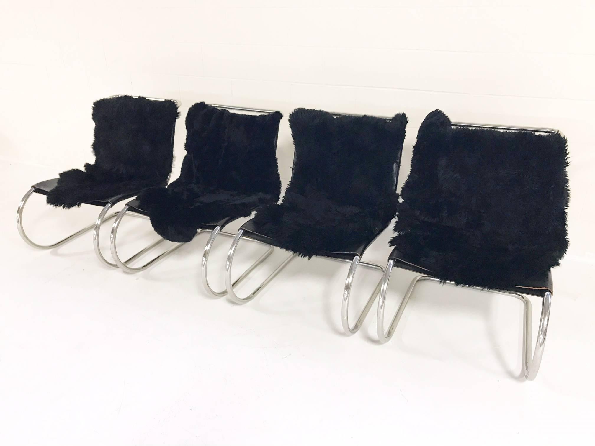 Mies Van Der Rohe for Knoll MR Chairs with Brazilian Sheepskins, Set of Four In Excellent Condition In SAINT LOUIS, MO