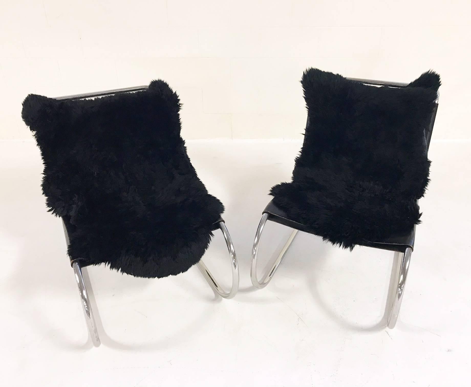 American Mies van der Rohe for Knoll MR Chairs with Brazilian Sheepskins, Pair