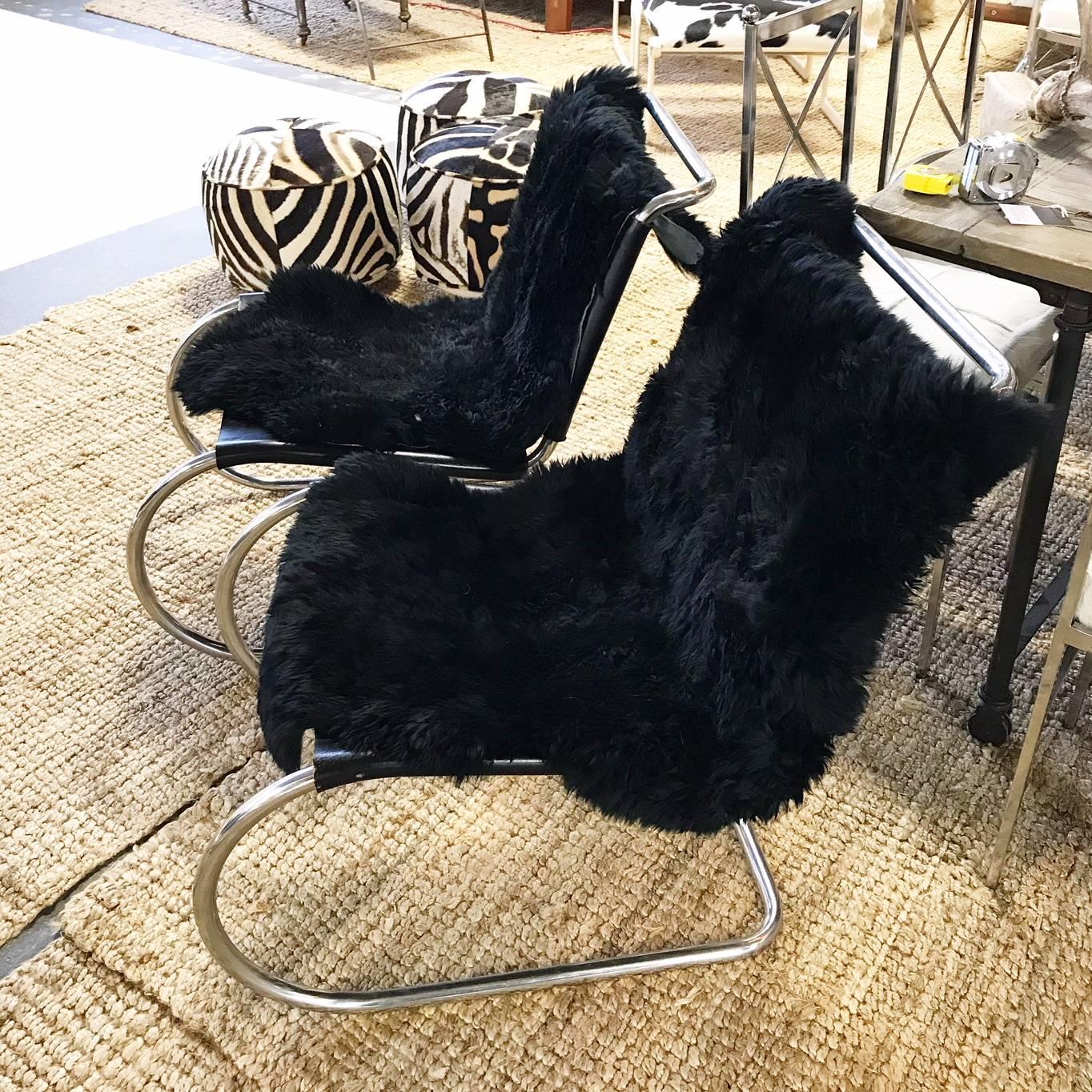 20th Century Mies van der Rohe for Knoll MR Chairs with Brazilian Sheepskins, Pair