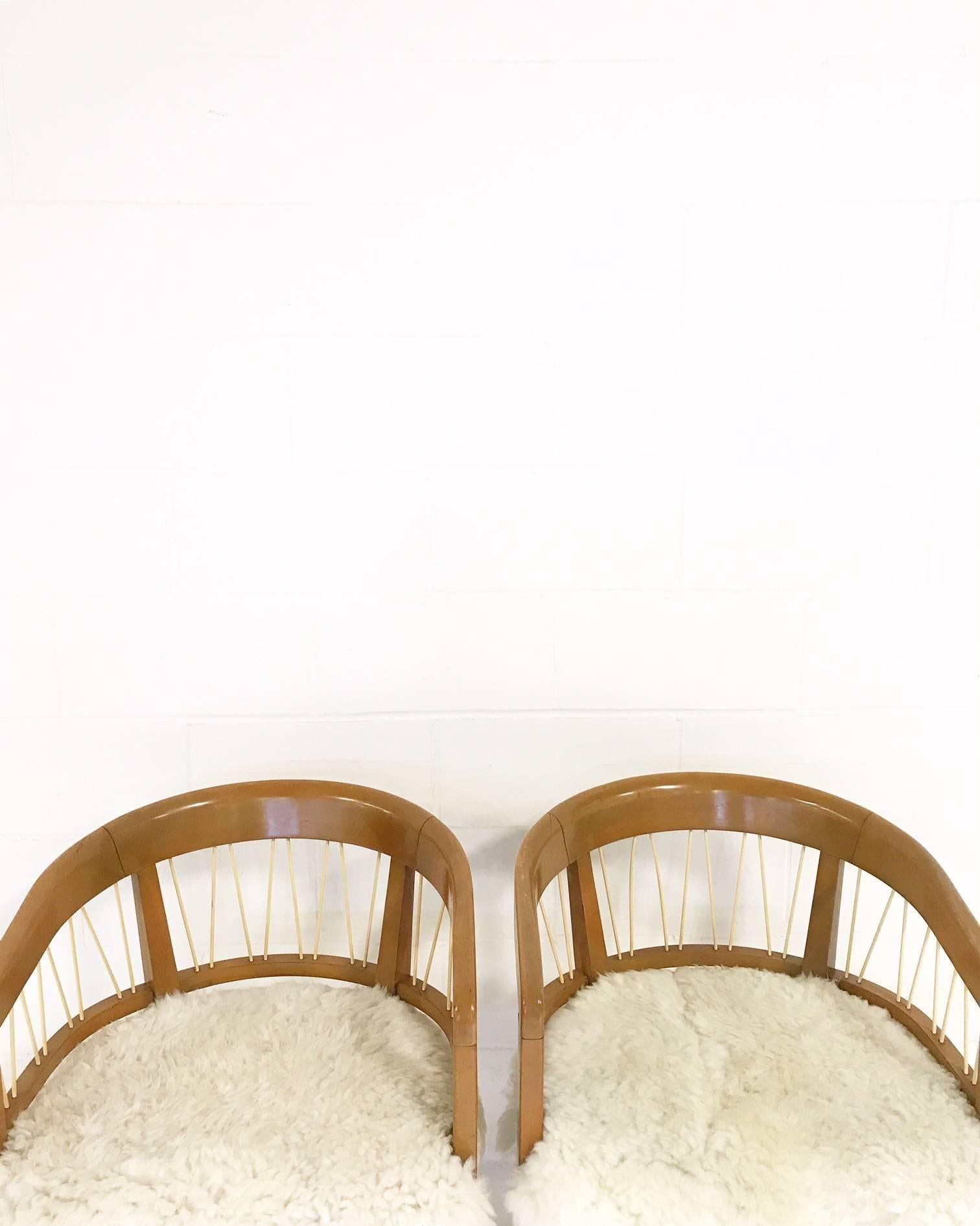 Pair of Vintage Edward Wormley for Drexel Armchairs in Ivory Brazilian Sheepskin 1