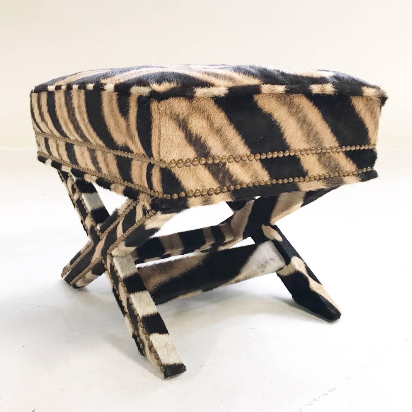 Vintage Billy Baldwin Style X Bench Ottoman Reupholstered in Zebra Hide In Excellent Condition In SAINT LOUIS, MO