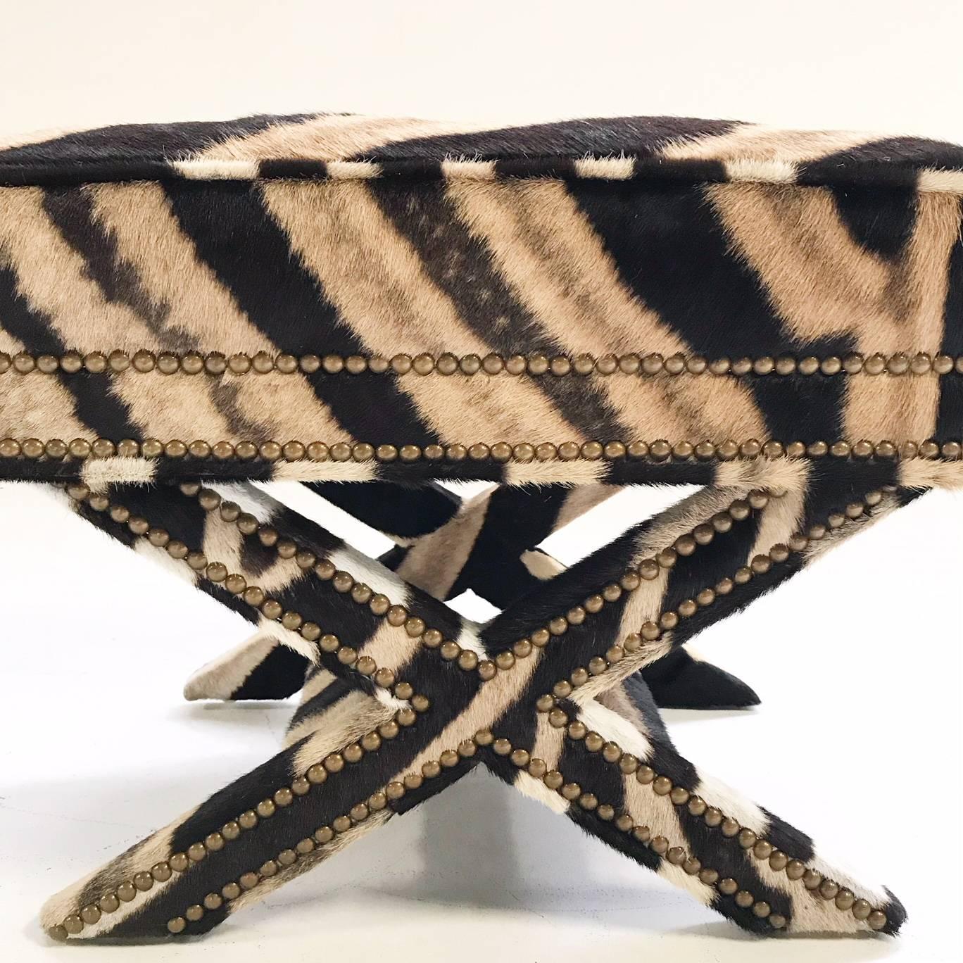 Vintage Billy Baldwin Style X Bench Ottoman Reupholstered in Zebra Hide 1