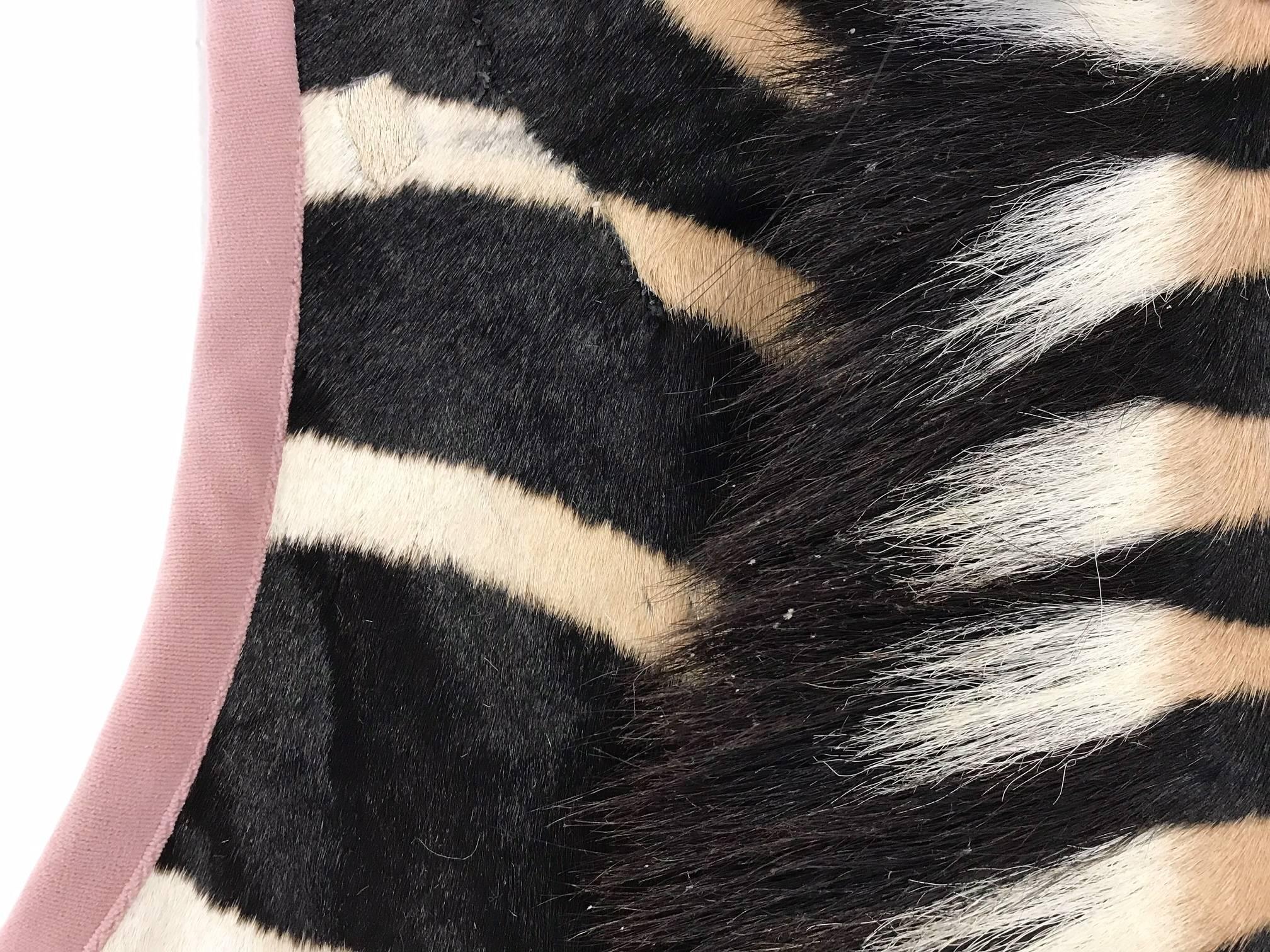 Contemporary Forsyth Zebra Hide Rug Trimmed in Blush Pink Velvet